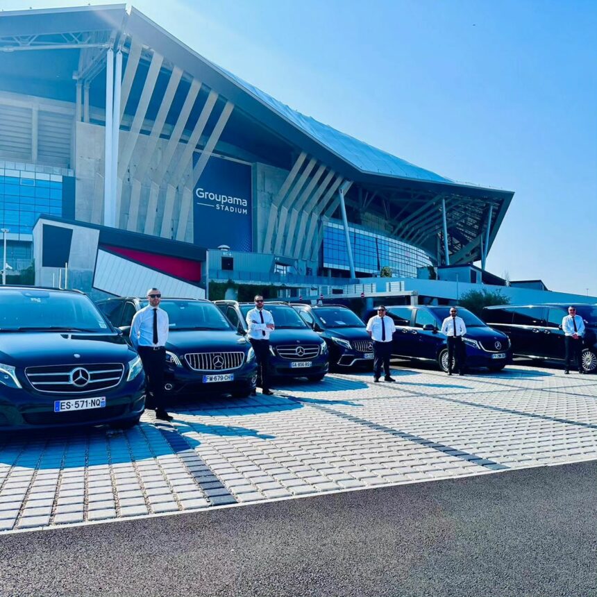 Lyon Squeed Ride-Hailing Fleet — Private drivers in suits in front of Groupama Stadium